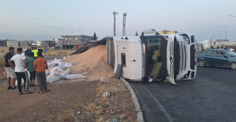 Mardin’de buğday yüklü tır devrildi, sürücü yaralandı